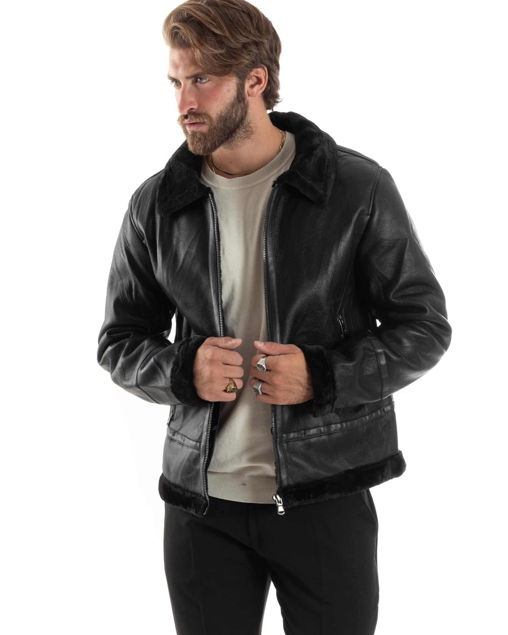 Giubbotto Montone Uomo Ecopelle College Con Zip Giacca Con Collo Imbottito Caldo Aviatore Con Pelliccia Casual Nero GIOSAL-G3225A
