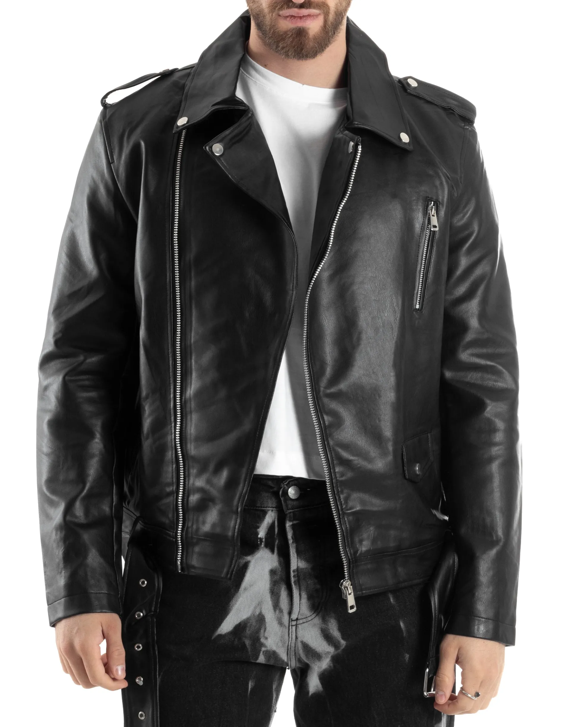 Giubbotto uomo biker chiodo ecopelle morbida casual nero GIOSAL-G3169A