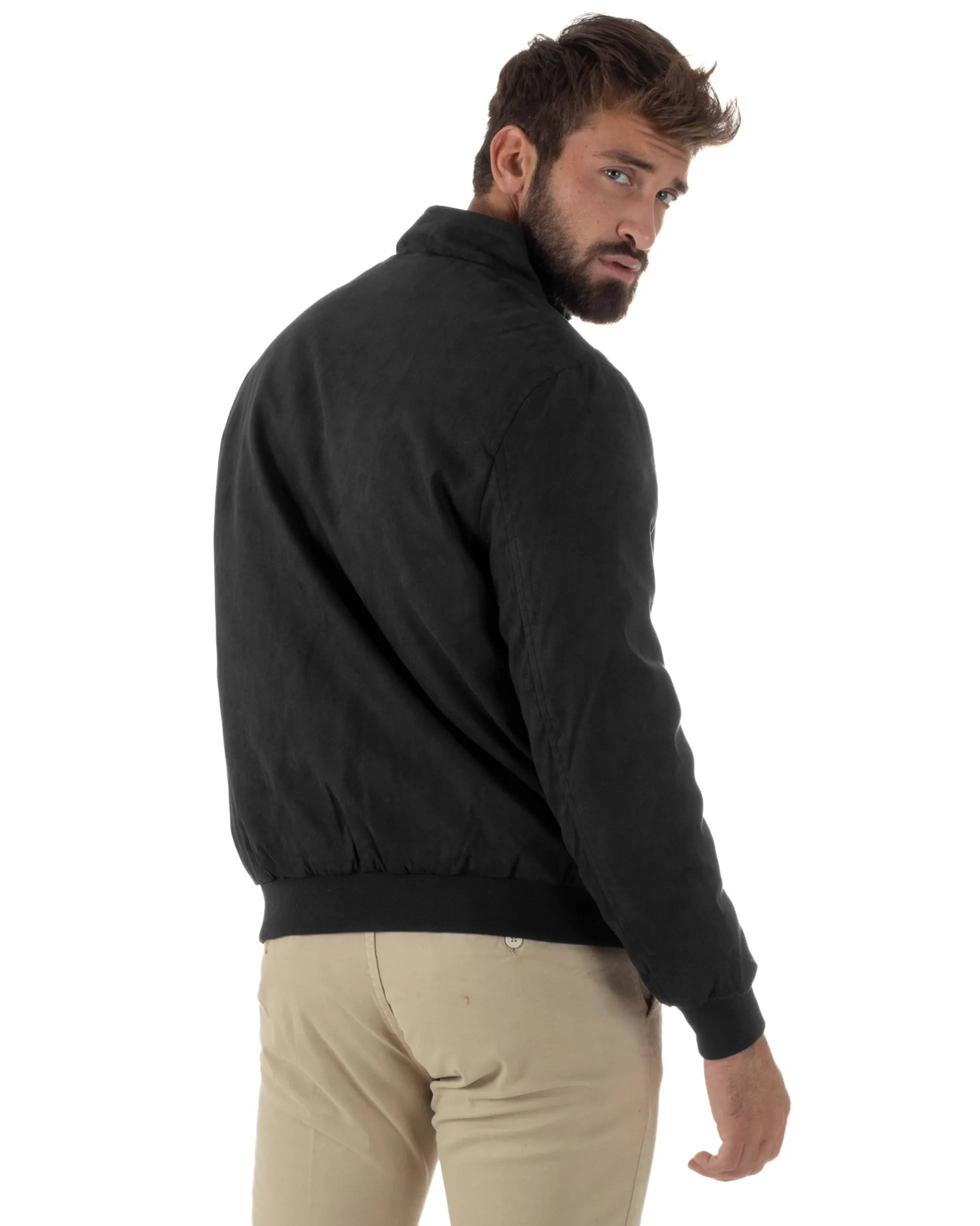 Giubbotto Uomo Bomber Camoscio Morbido Zip Tasconi Nero G3378A