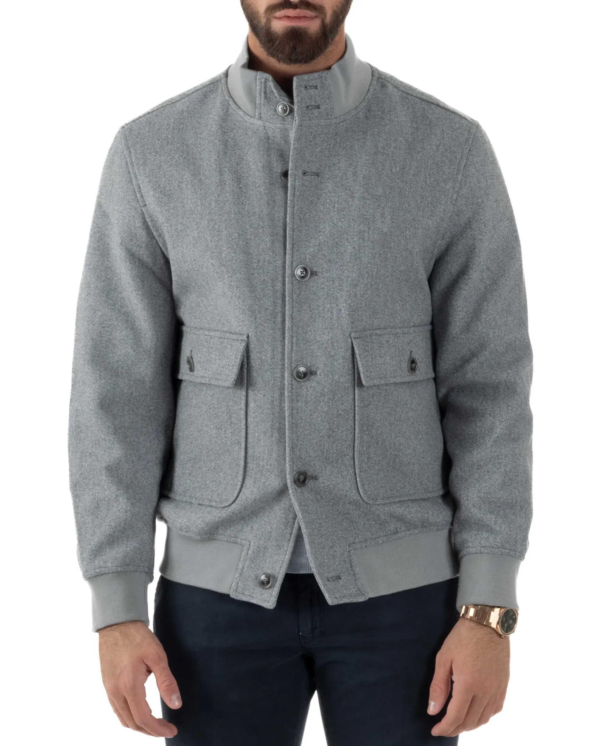 Giubbotto Uomo Bomber Giacca College Panno Bottoni Grigio G3382A