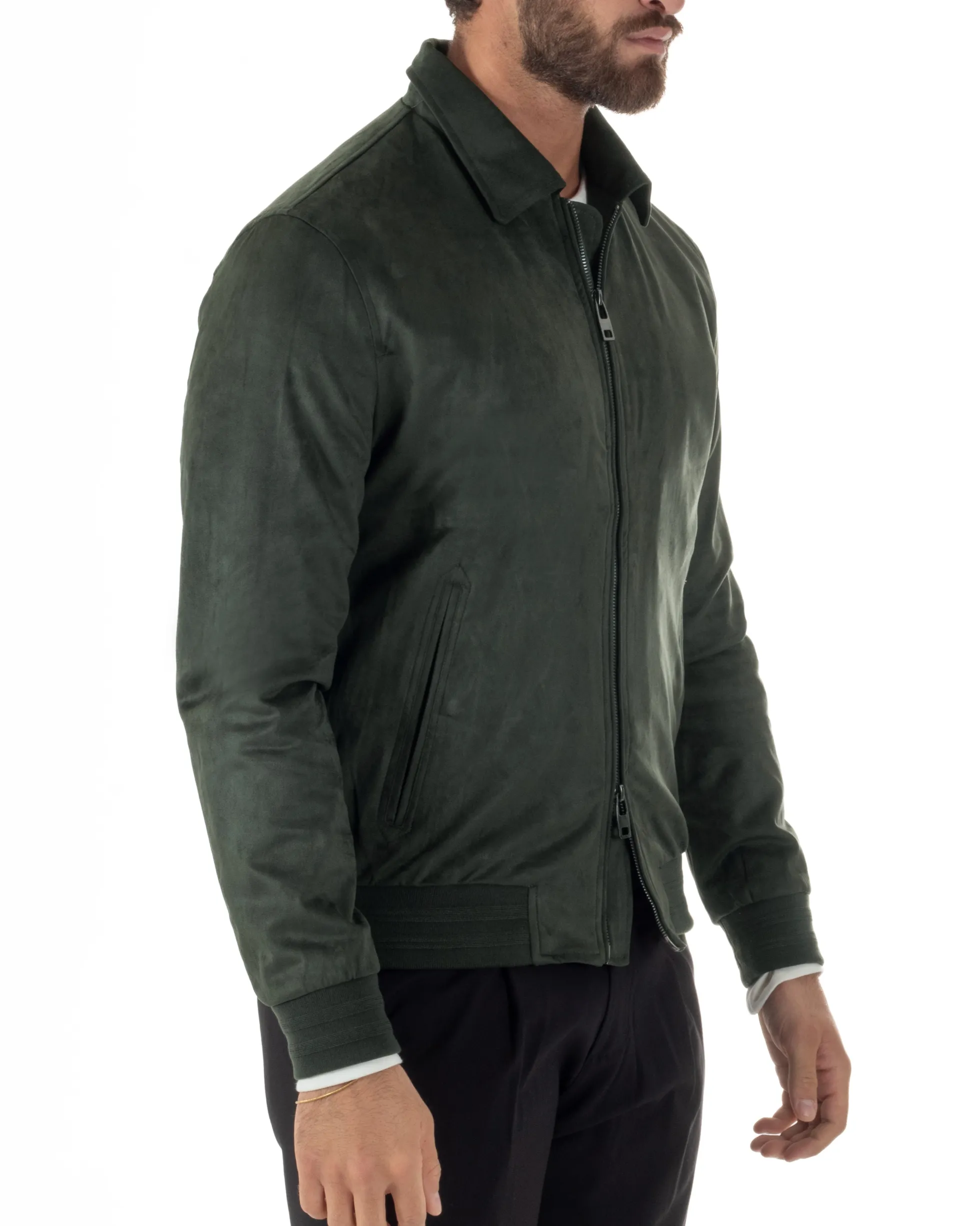 Giubbotto uomo camoscio giacca colletto zip verde GIOSAL-G3393A