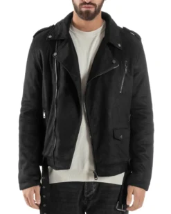 Giubbotto Uomo Chiodo Camoscio Zip Biker Imbottito Nero G3366A