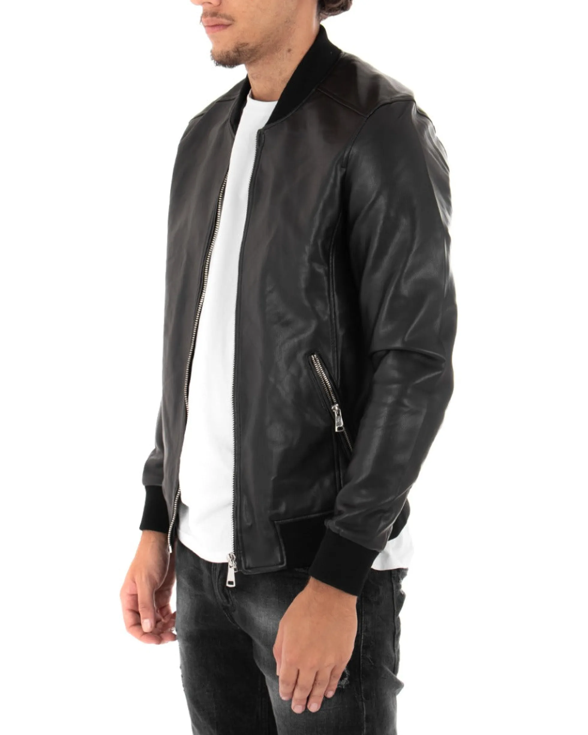 Giubbotto uomo college ecopelle biker basic nero GIOSAL-G2859A