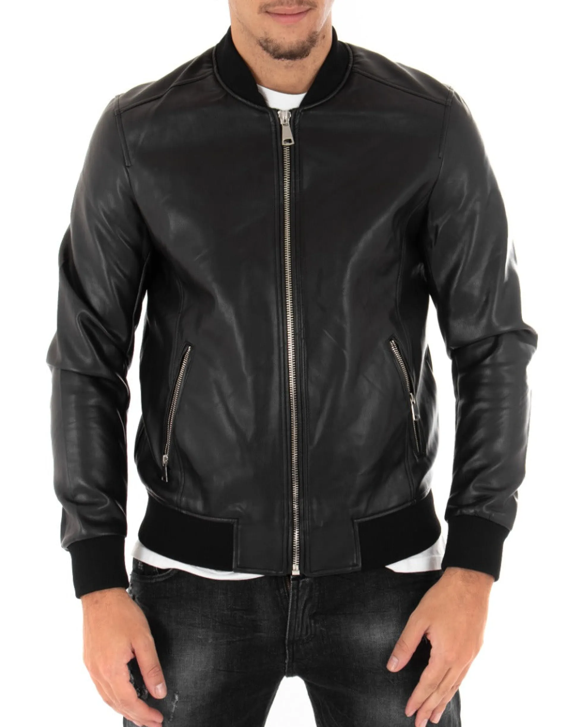 Giubbotto uomo college ecopelle biker basic nero GIOSAL-G2859A