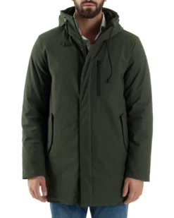 Giubbotto Uomo Con Cappuccio Trench Tessuto Tecnico Giaccone Con Zip Imbottito Lungo Verde G3368A
