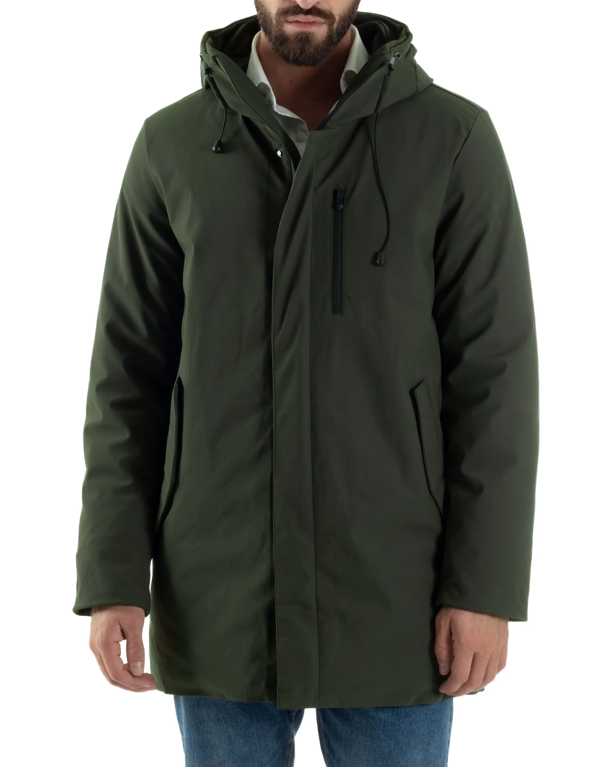Giubbotto Uomo Con Cappuccio Trench Tessuto Tecnico Giaccone Con Zip Imbottito Lungo Verde G3368A