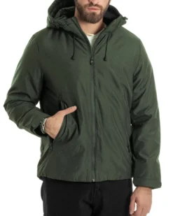 Giubbotto Uomo Con Cappuccio Tessuto Tecnico Giacca Imbottita Calda Tinta Unita Casual Verde Melangiato GIOSAL-G3276A