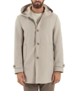 Giubbotto Uomo Con Cappuccio Trench Tessuto Tecnico Impermeabile Lungo Antivento Beige G3236A