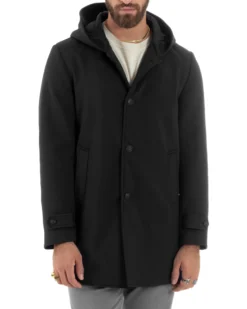 Giubbotto Uomo Con Cappuccio Trench Tessuto Tecnico Impermeabile Lungo Antivento Nero G3237A
