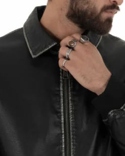 Giubbotto uomo crop giacca bomber boxy zip colletto ecopelle nero GIOSAL-G3386A