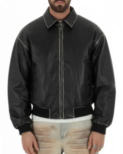 Giubbotto uomo crop giacca bomber boxy zip colletto ecopelle nero GIOSAL-G3386A