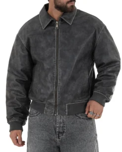 Giubbotto uomo crop giacca bomber boxy zip colletto ecopelle grigio GIOSAL-G3387A