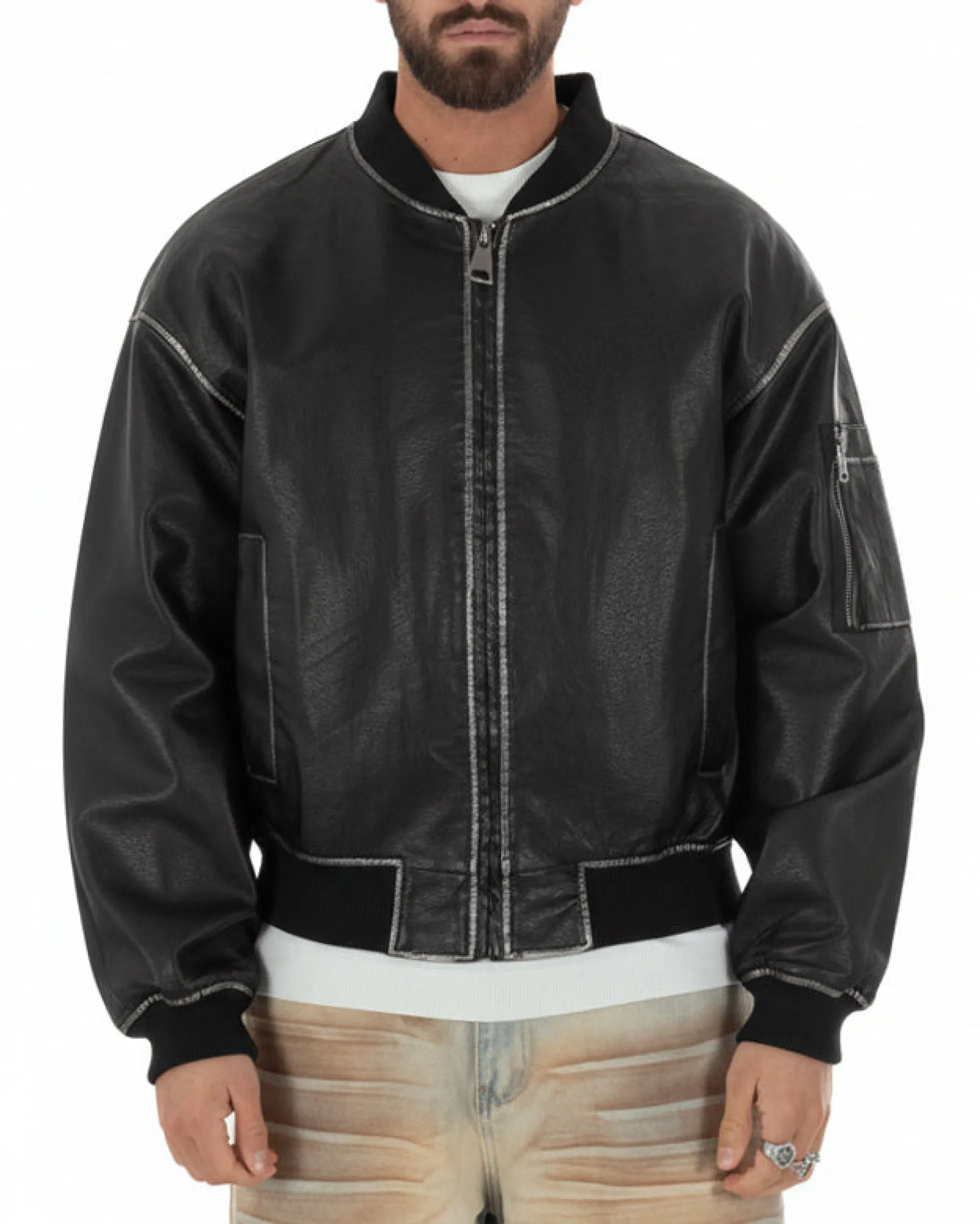 Giubbotto uomo crop giacca bomber boxy zip college ecopelle nero GIOSAL-G3388A