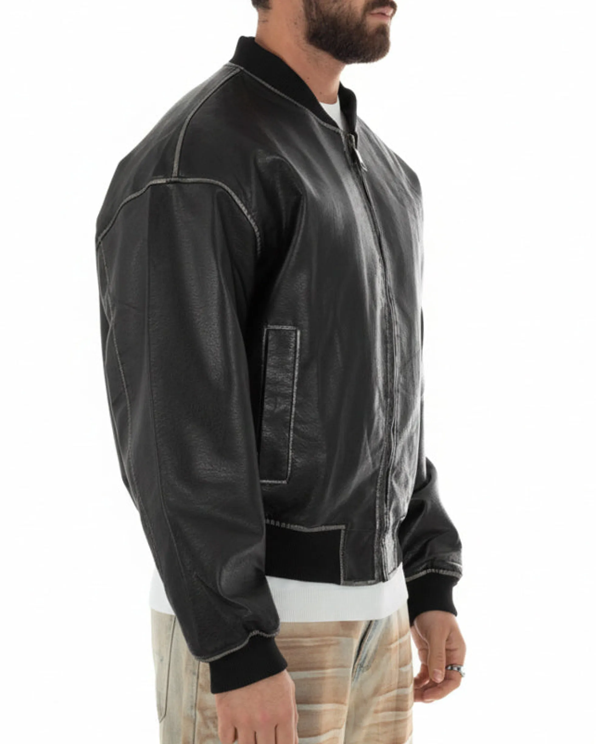 Giubbotto uomo crop giacca bomber boxy zip college ecopelle nero GIOSAL-G3388A