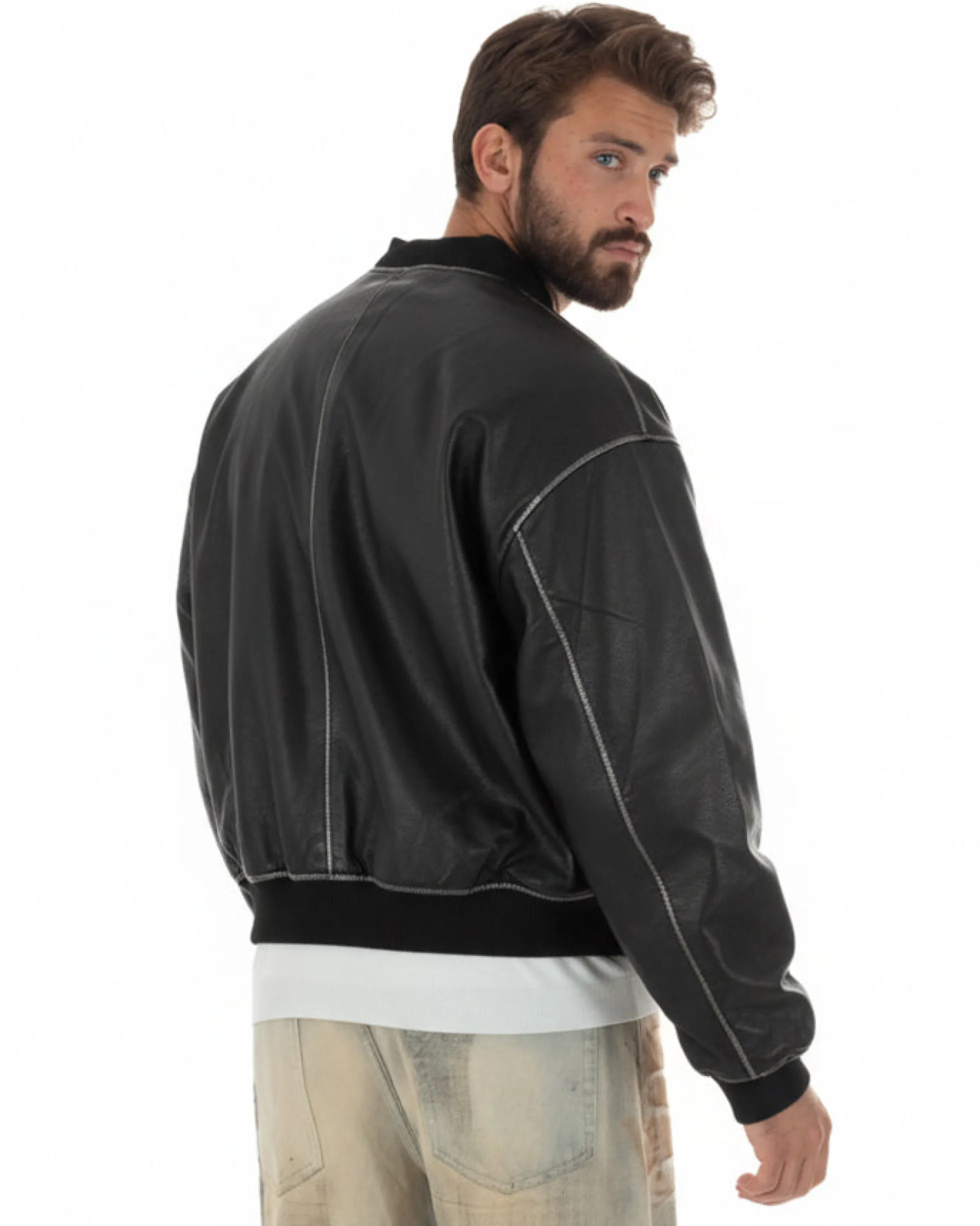 Giubbotto uomo crop giacca bomber boxy zip college ecopelle nero GIOSAL-G3388A