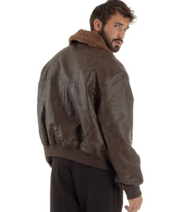 Giubbotto Uomo Ecopelle Bomber Collo Pelliccia Aviatore Oversize Marrone G3343A