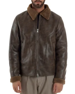 Giubbotto Uomo Ecopelle Montone College Pelliccia Casual Marrone G3360A