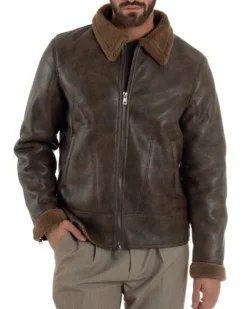 Giubbotto Uomo Ecopelle Montone College Pelliccia Casual Marrone G3360A