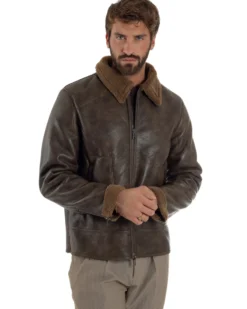 Giubbotto Uomo Ecopelle Montone College Pelliccia Casual Marrone G3360A