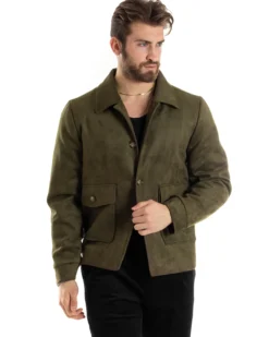 Giubbotto Uomo Giacca Con Colletto Camoscio Con Bottoni Tasche Con Patta Verde Casual GIOSAL-G3154A