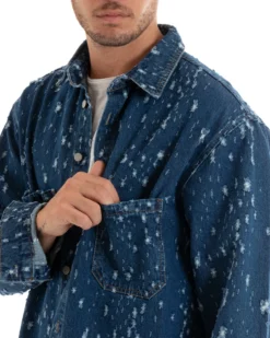 Giubbotto Uomo Giacca Jeans Con Colletto Camicione Rotture Oversize Denim GIOSAL-G3074A