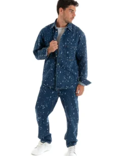 Giubbotto Uomo Giacca Jeans Con Colletto Camicione Rotture Oversize Denim GIOSAL-G3074A