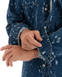 Giubbotto Uomo Giacca Jeans Con Colletto Camicione Rotture Oversize Denim GIOSAL-G3074A