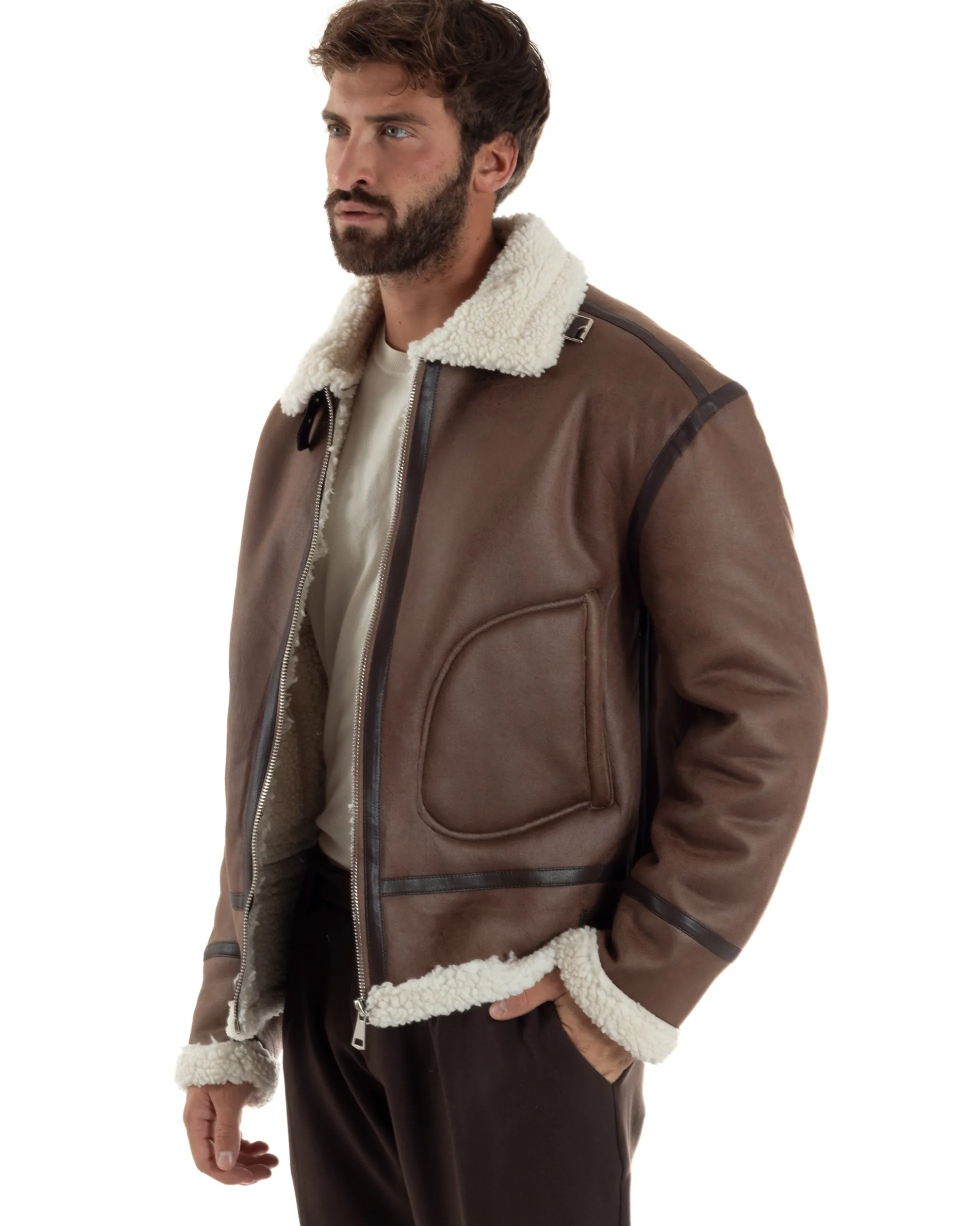 Giubbotto Uomo Montone Ecopelle Giacca College Pelliccia Marrone G3357A