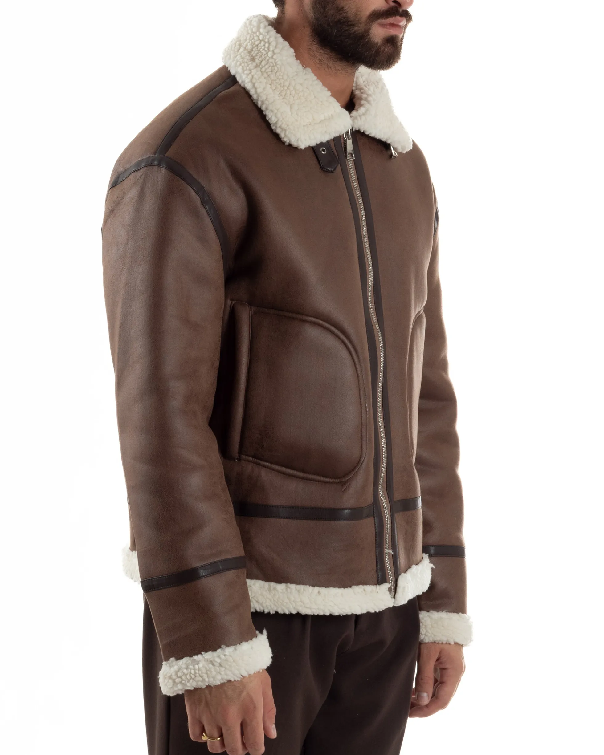 Giubbotto Uomo Montone Ecopelle Giacca College Pelliccia Marrone G3357A