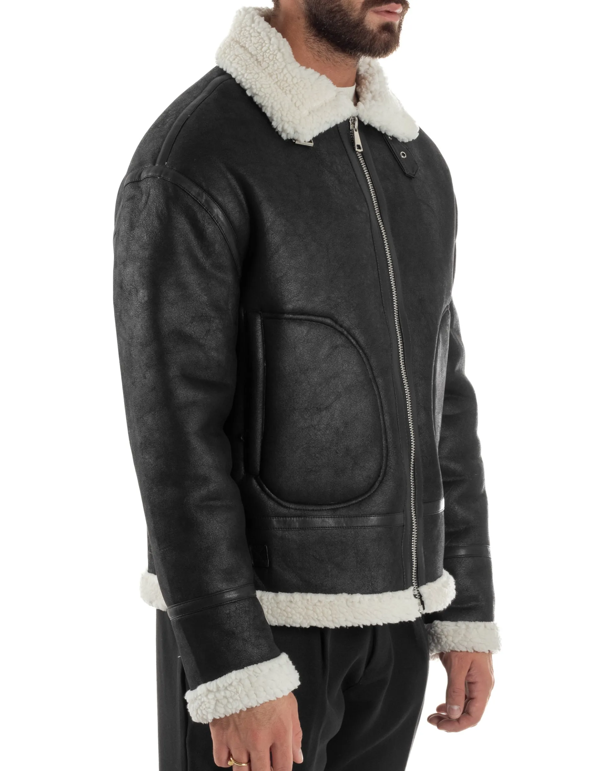 Giubbotto Uomo Montone Ecopelle Giacca College Pelliccia Nero G3358A