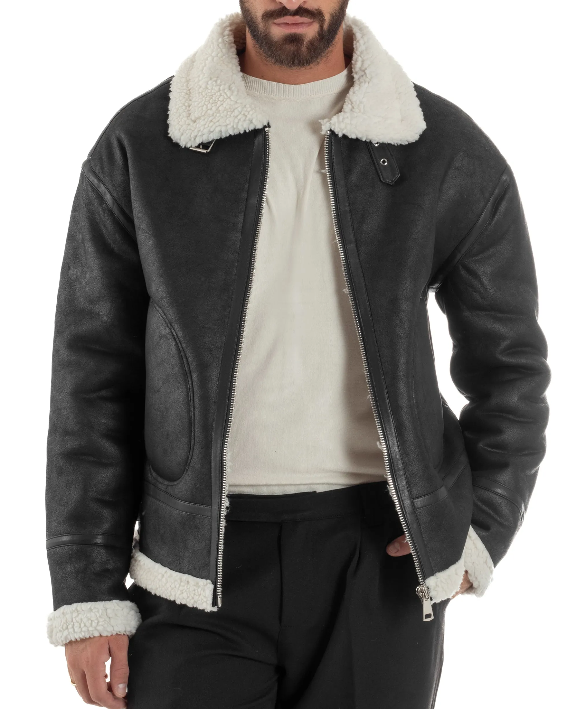 Giubbotto Uomo Montone Ecopelle Giacca College Pelliccia Nero G3358A