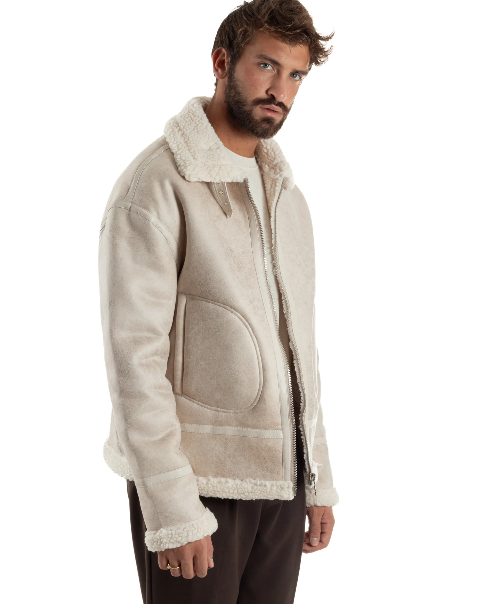 Giubbotto Uomo Montone Ecopelle Giacca College Pelliccia Beige G3359A