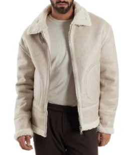 Giubbotto Uomo Montone Ecopelle Giacca College Pelliccia Beige G3359A