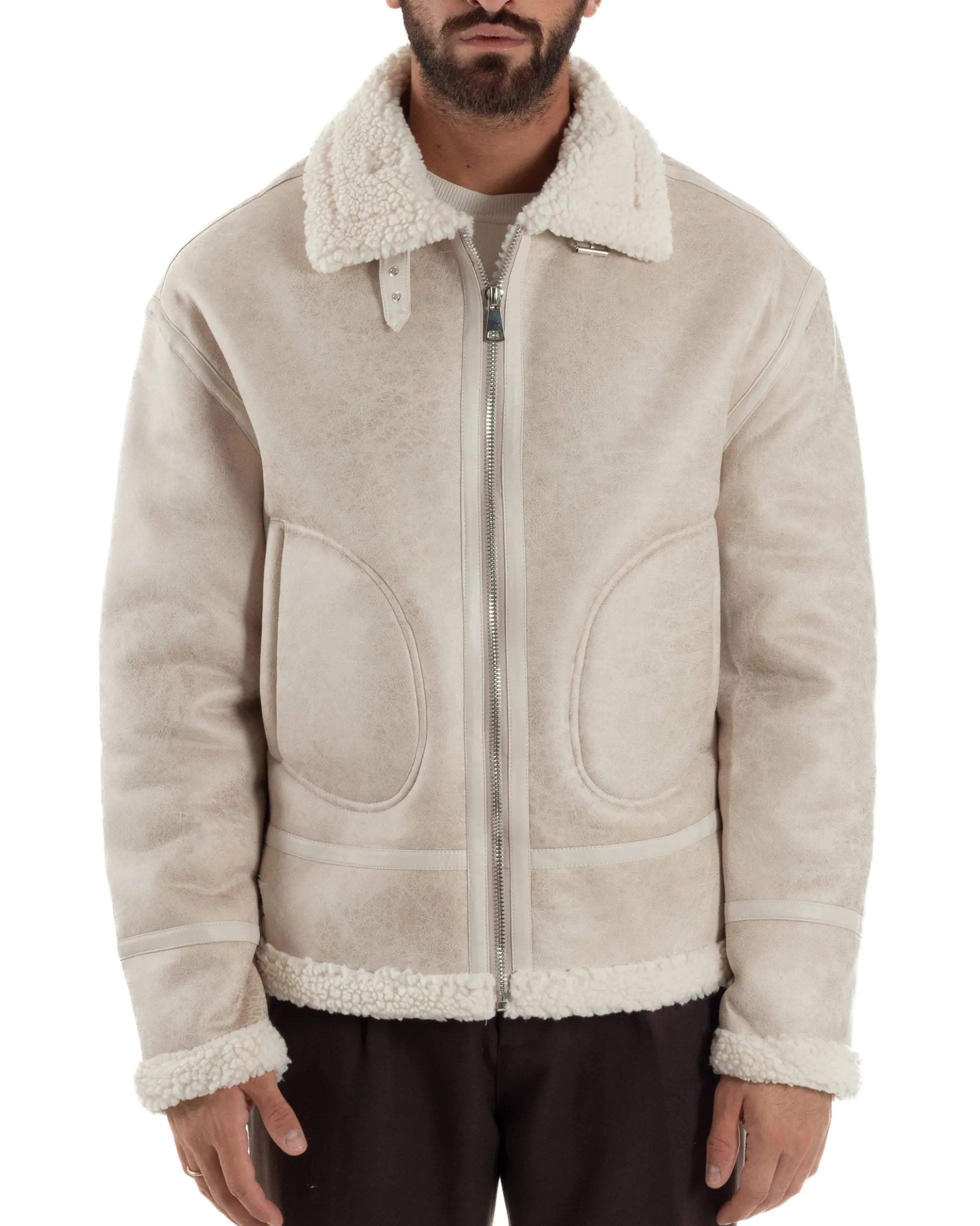 Giubbotto Uomo Montone Ecopelle Giacca College Pelliccia Beige G3359A