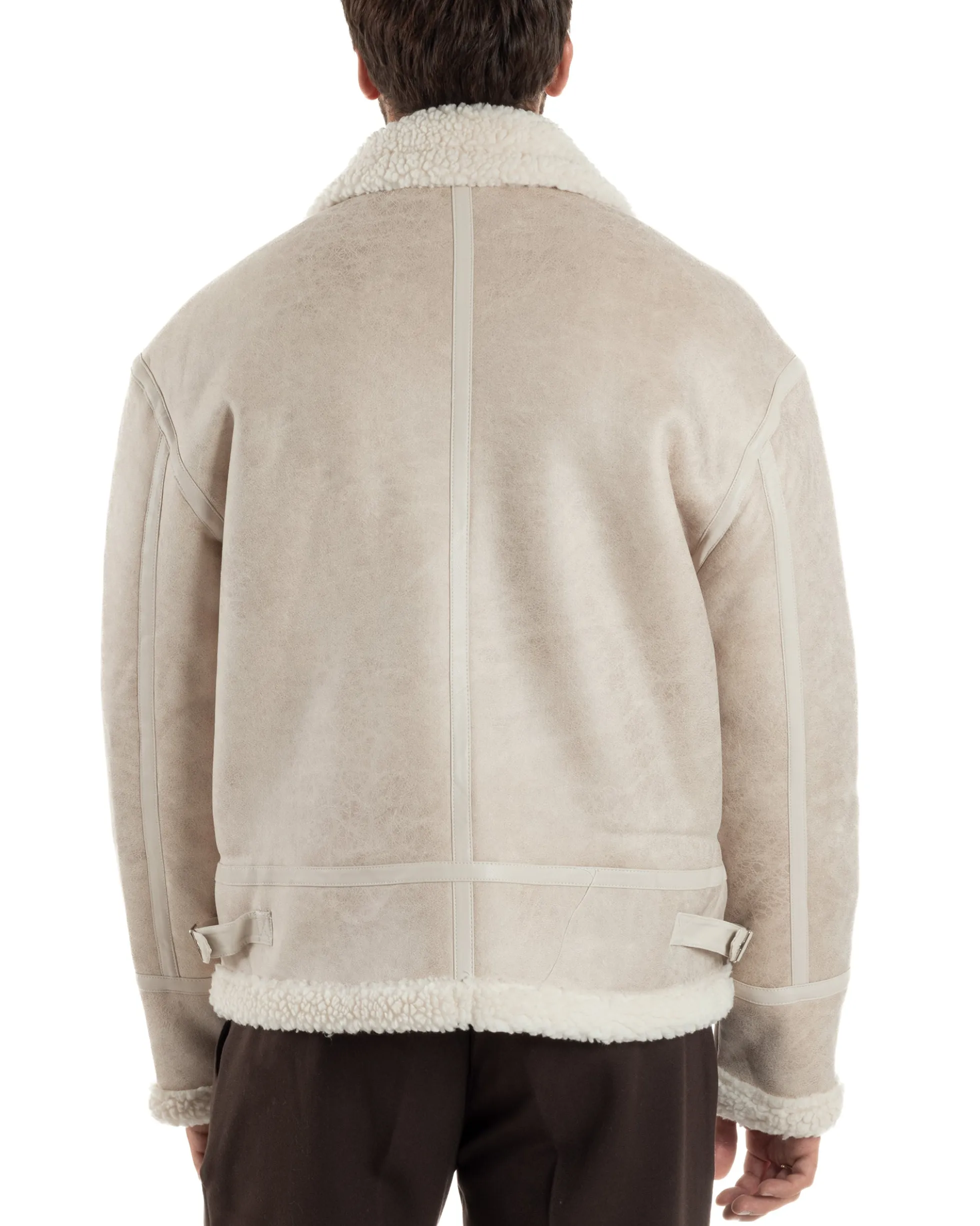 Giubbotto Uomo Montone Ecopelle Giacca College Pelliccia Beige G3359A