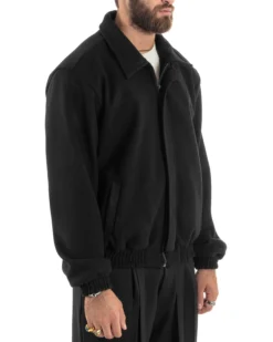 Giubbotto Uomo Panno Caldo Bomber Con Colletto Giacca Con Zip Tinta Unita Nero GIOSAL-G3248A