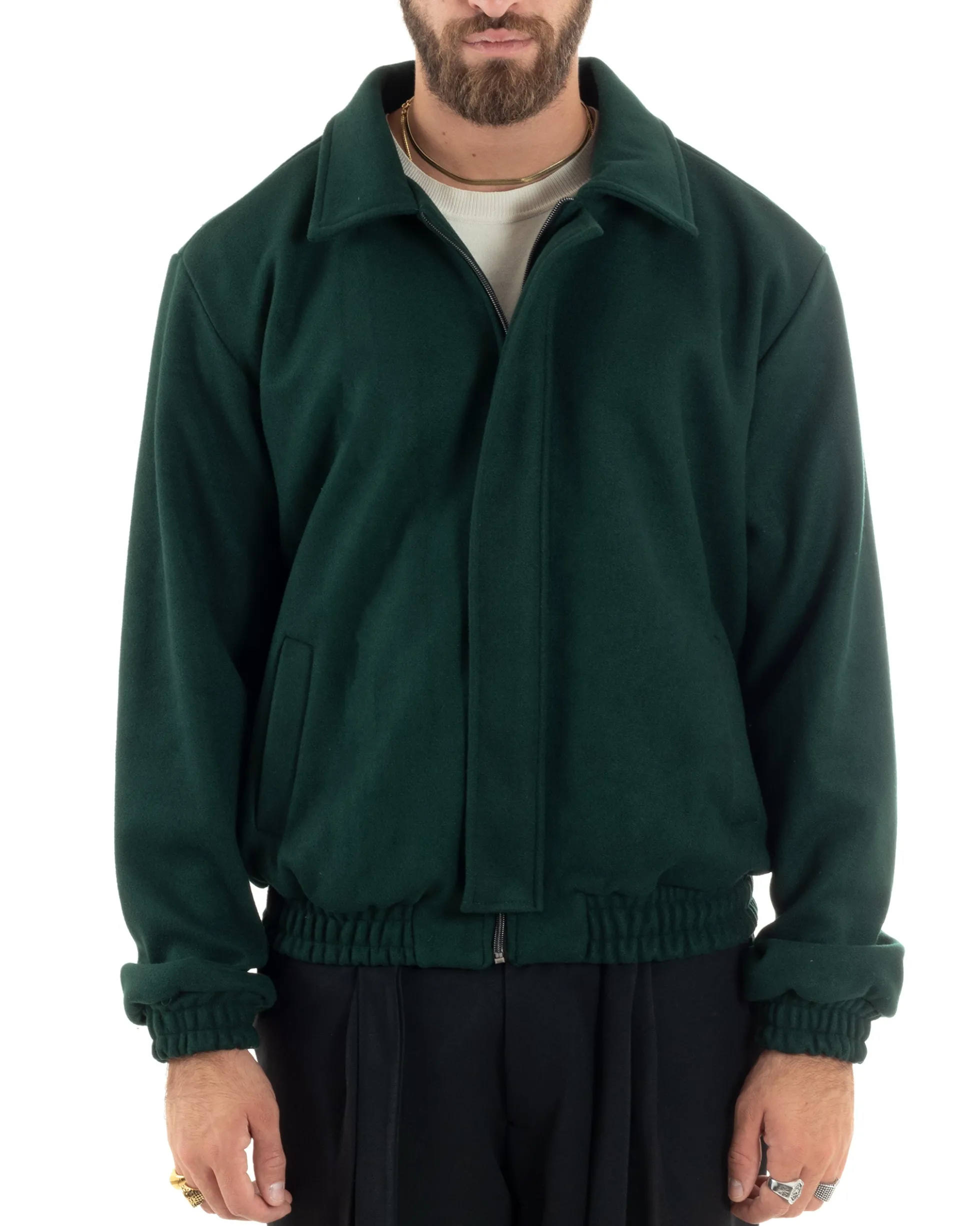 Giubbotto Uomo Panno Caldo Bomber Con Colletto Giacca Con Zip Tinta Unita Verde GIOSAL-G3249A