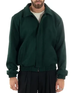 Giubbotto Uomo Panno Caldo Bomber Con Colletto Giacca Con Zip Tinta Unita Verde GIOSAL-G3249A