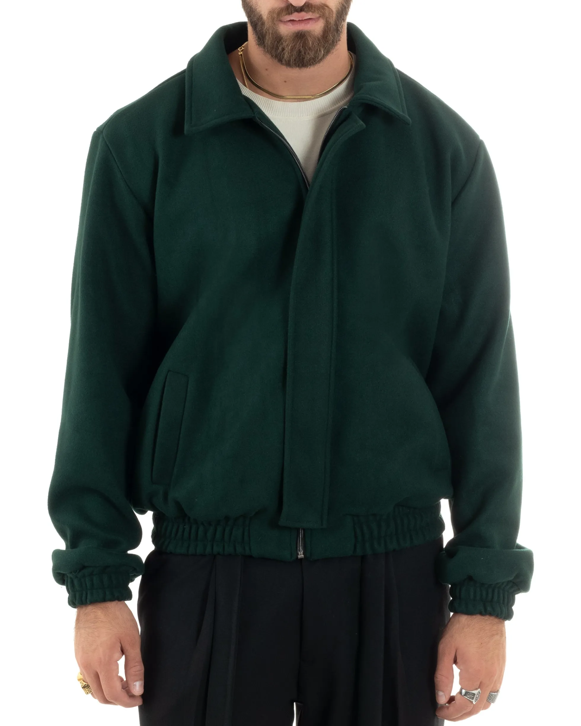 Giubbotto Uomo Panno Caldo Bomber Con Colletto Giacca Con Zip Tinta Unita Verde GIOSAL-G3249A