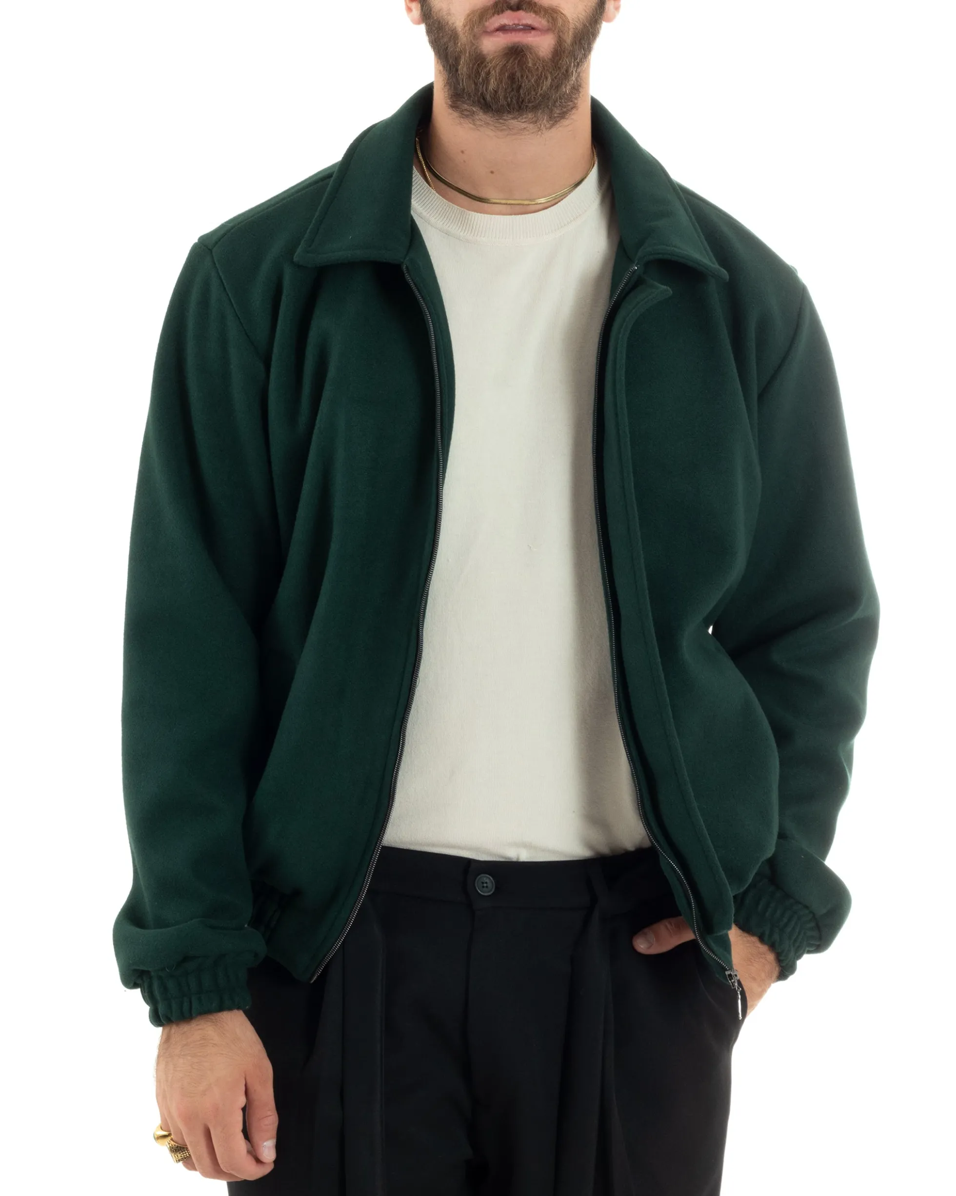 Giubbotto Uomo Panno Caldo Bomber Con Colletto Giacca Con Zip Tinta Unita Verde GIOSAL-G3249A