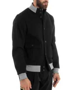 Giubbotto Uomo Tessuto Cappotto Bomber College In Panno Comodo Bicolore Giacca Calda Con Tasconi Casual Nero GIOSAL-G3245A