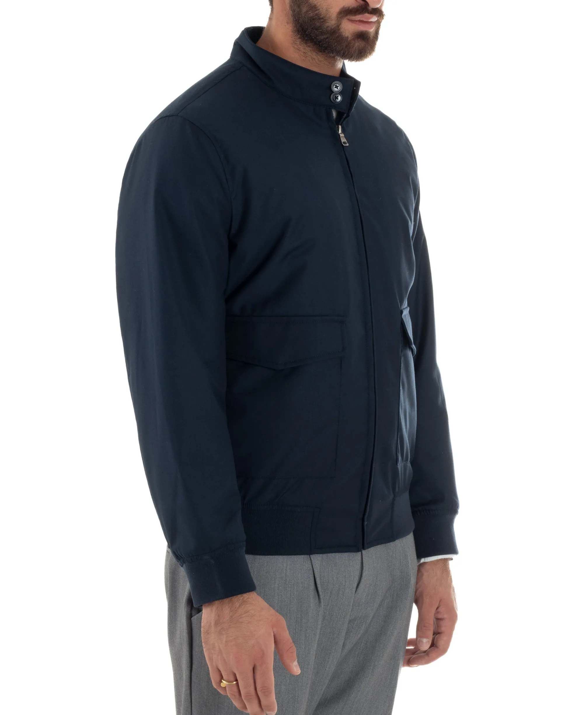 Giubbotto Uomo Tessuto Tecnico Impermeabile Giacca Basic Zip Blu G3356A