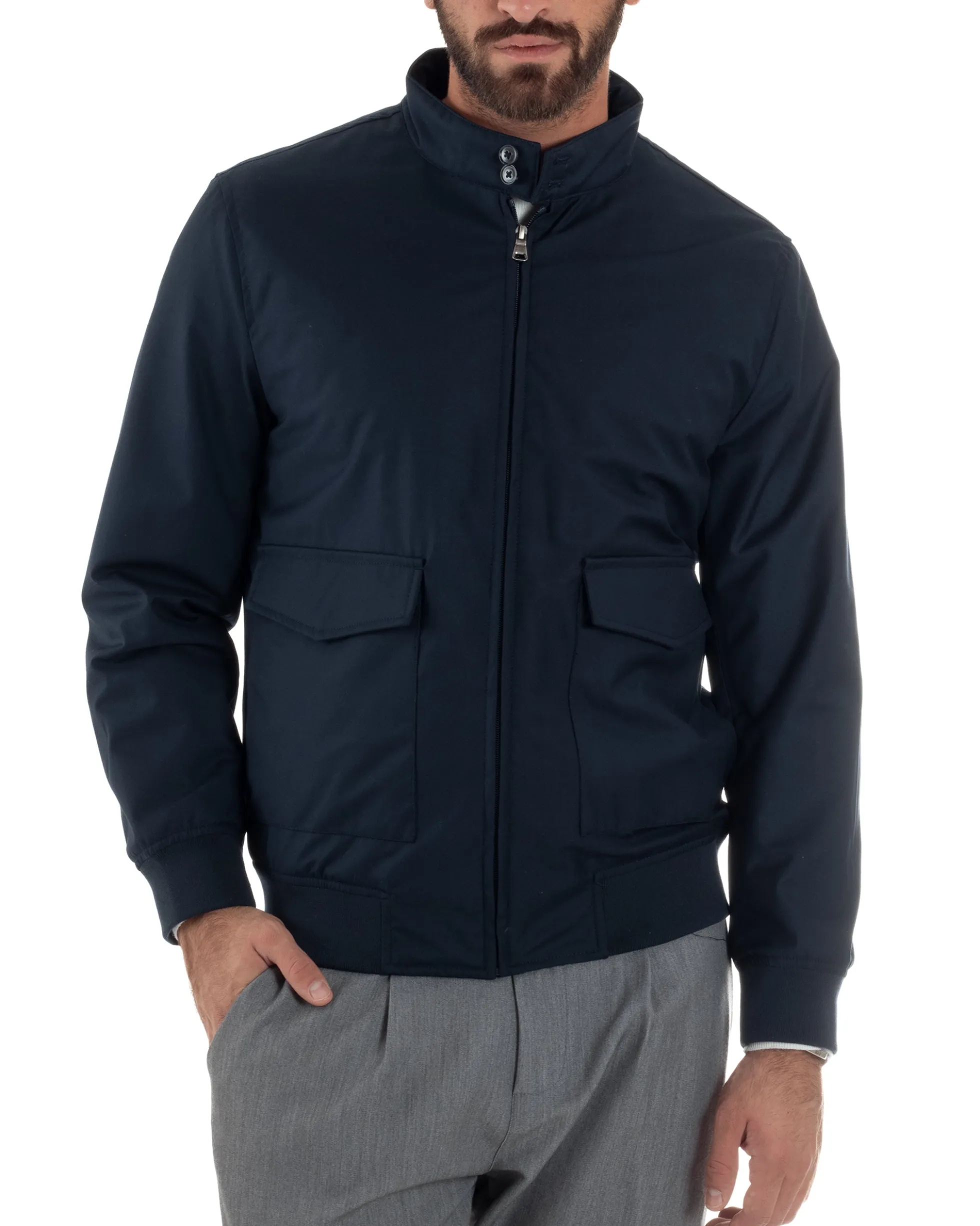 Giubbotto Uomo Tessuto Tecnico Impermeabile Giacca Basic Zip Blu G3356A