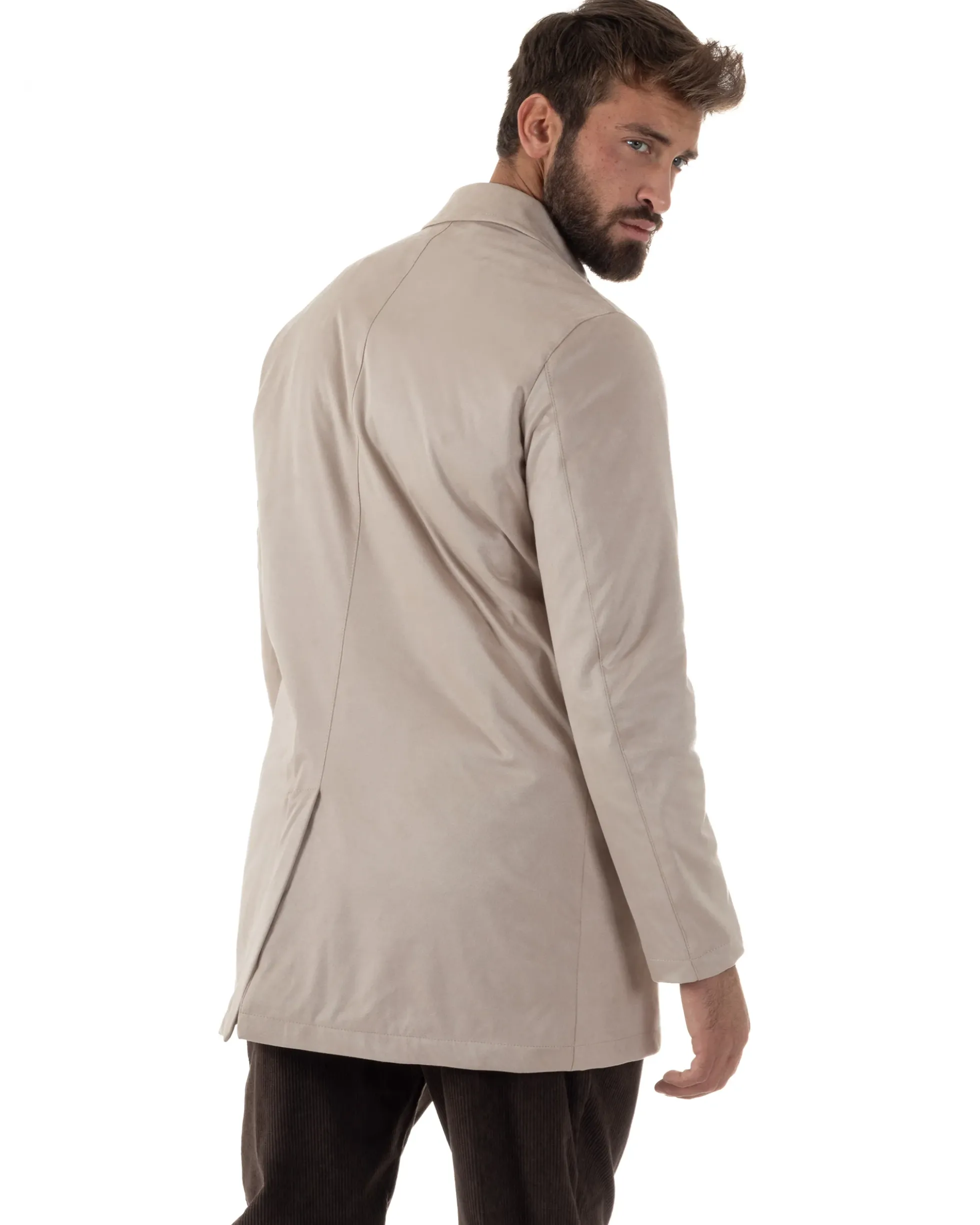 Giubbotto Uomo Trench Lungo Camoscio Imbottito Beige BlackSunday G3384A