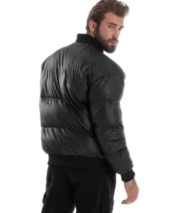 Giubbotto Uomo Varsity Imbottito Bomber College Caldo Giacca Con Patch Relaxed Fit Tessuto Tecnico Tinta Unita Nero GIOSAL-G3253A