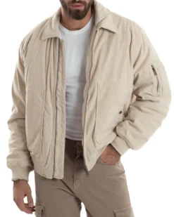 Giubbotto Uomo Velluto Rigato Giaccone Caldo Imbottito Bomber Con Collo Camicia E Tasconi Beige GIOSAL-G3255A