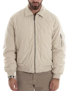 Giubbotto Uomo Velluto Rigato Giaccone Caldo Imbottito Bomber Con Collo Camicia E Tasconi Beige GIOSAL-G3255A