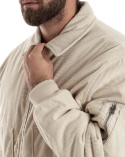 Giubbotto Uomo Velluto Rigato Giaccone Caldo Imbottito Bomber Con Collo Camicia E Tasconi Beige GIOSAL-G3255A
