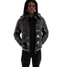 Giubbotto uomo vernice lucido bomber cappuccio puffer piumino trapuntato tinta unita nero GIOSAL-G2370A
