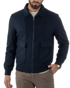 Giubbotto Uomo Zip Colletto Bomber Panno Blu G3381A